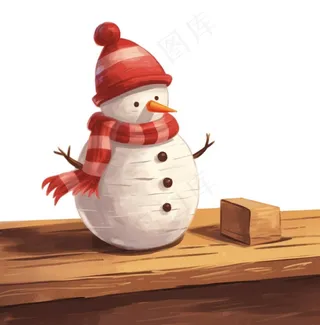 木板上的雪人帽子围巾卡通插画