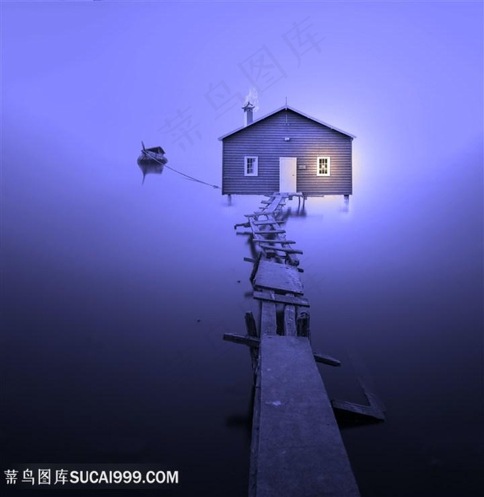 紫色大海上的房屋风景图片