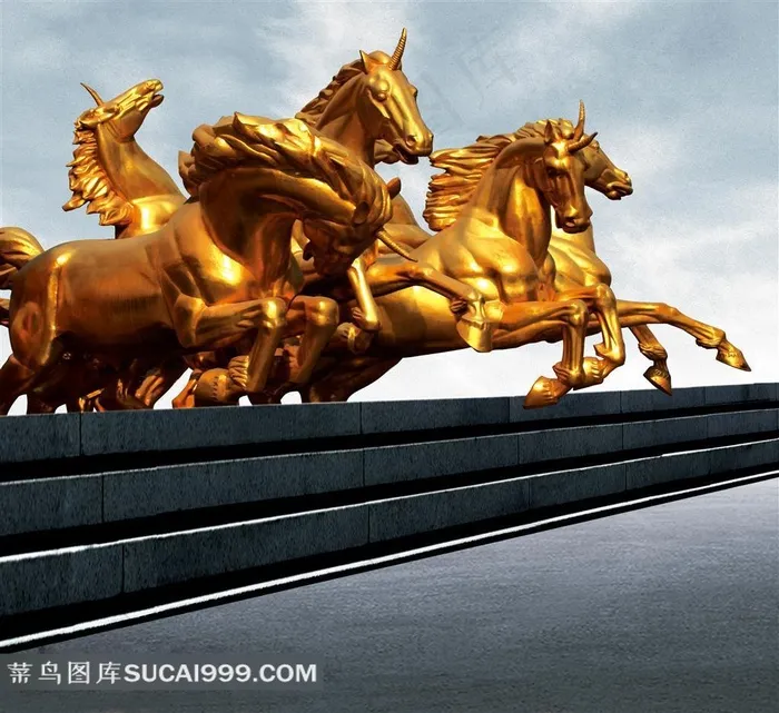 黄金驰骋的马群雕塑素材