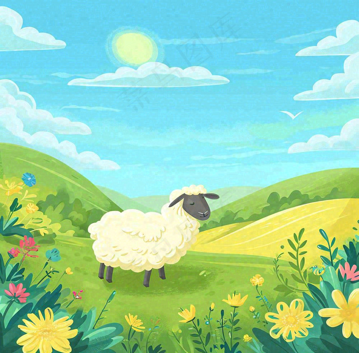卡通手绘绿色春天草地鲜花花朵绵羊