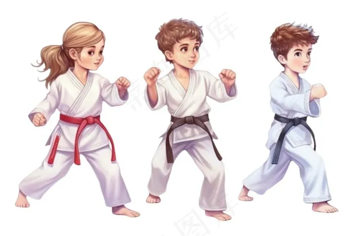 跆拳道男孩女孩对战插画免抠(1344x896)