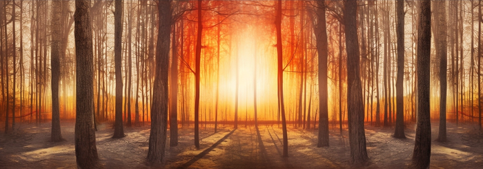 日出日落阳光照射在森林的树上摄影图