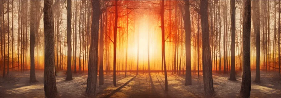 日出日落阳光照射在森林的树上摄影图