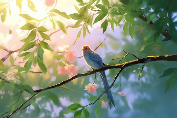 夏日小鸟站树枝上阳光绿叶卡通插画素材