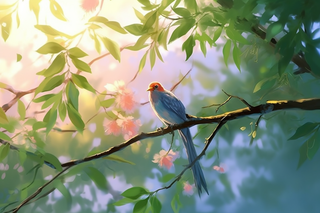 夏日小鸟站树枝上阳光绿叶卡通插画素材