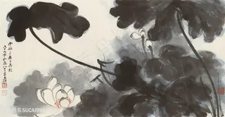 张大千水墨莲花挂画