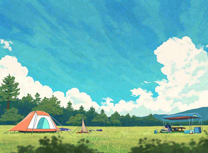 春天夏日清新草坪房车旅行露营玩耍手绘插画(1280x944)