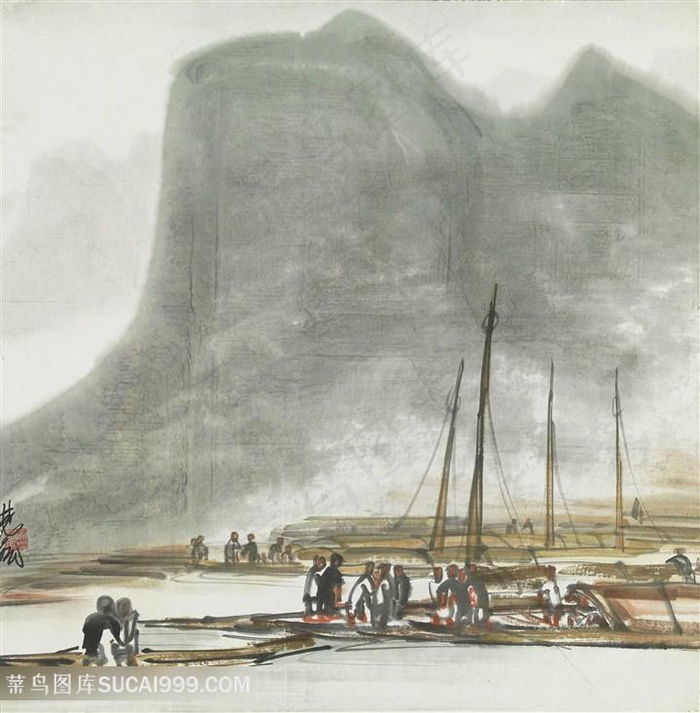 林风眠手绘水墨山脉河流美景装饰画