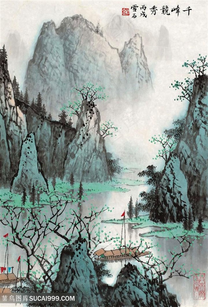 高清白雪石水墨山脉湖畔美景装饰画