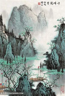 高清白雪石水墨山脉湖畔美景装饰画