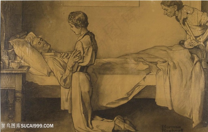 诺曼 · 洛克威尔手绘探望生病的老人装饰画
