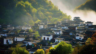 江西婺源清晨的村落里的烟火气风光摄影图