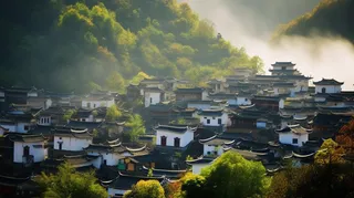 江西婺源清晨的村落里的烟火气风光摄影图