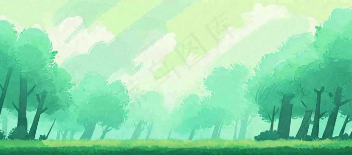 春天绿色插画手绘森林草地，白云阳光(1632x720)