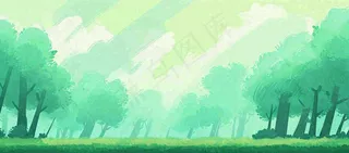 春天绿色插画手绘森林草地，白云阳光