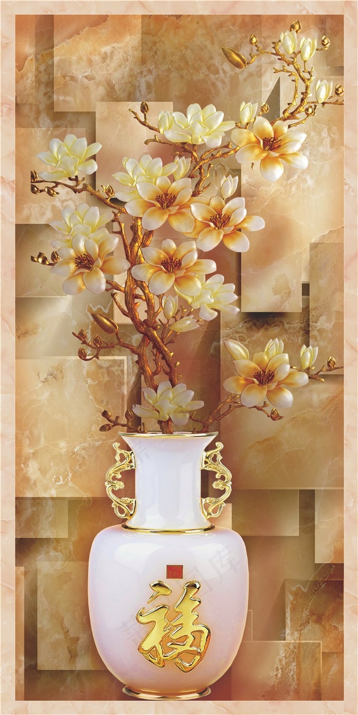 3D方块立体花瓶玉兰花福玄关背景