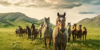 一群马在郁郁葱葱的绿色草原上的摄影图