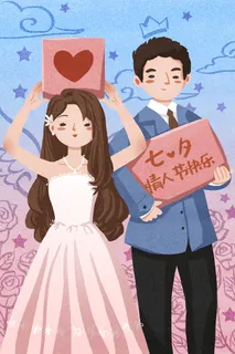 国潮中国唯美七夕节情人节牛郎织女商场宣传促销海报PSD素材模板