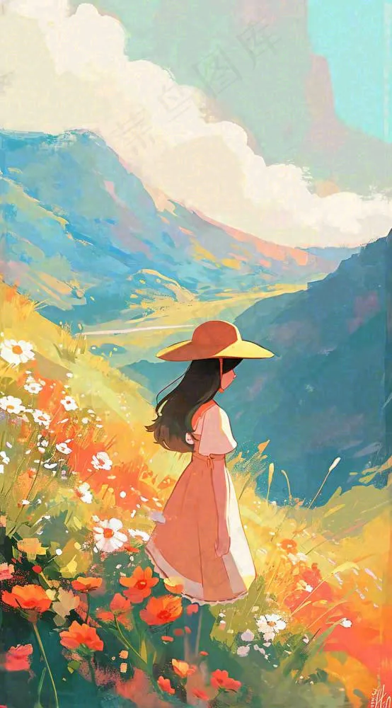 油画女孩春天踏青郊游山脉鲜花草地，春分，插画手绘(816x1472)