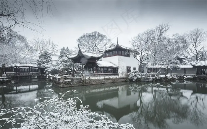 苏州拙政园唯美冬日雪景桌面壁纸