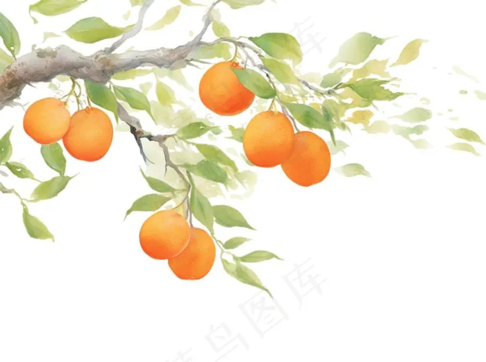 秋 柿子树水彩画插画免抠(1264x944)