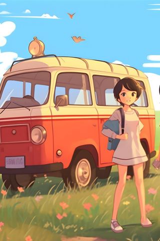 开车旅游草原花草人物卡通插画背景