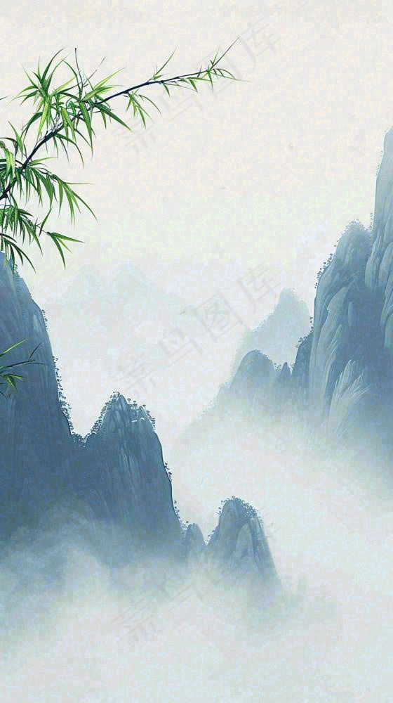 中国风云雾山脉意境竹叶山雾画插画(816x1456)