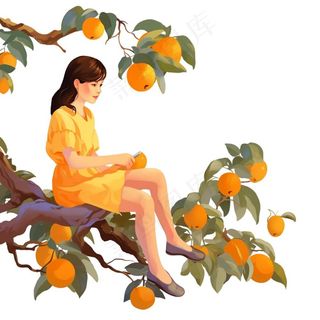 少女女孩坐着柿子树上橙色插画免抠
