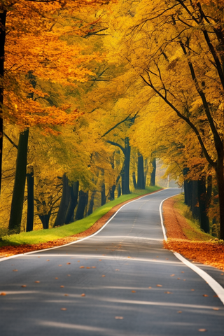秋天树林的公路风景摄影图