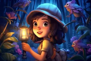 森林探险女孩灯光插画背景