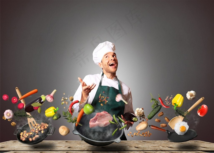 食材四处飞溅的厨师创意写真