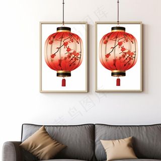 家居室内沙发壁画红灯笼摄影图