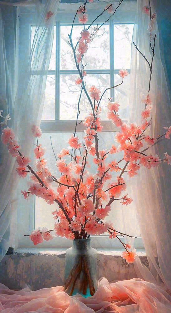 春天窗台花瓶粉色鲜花花束，春分(816x1488)