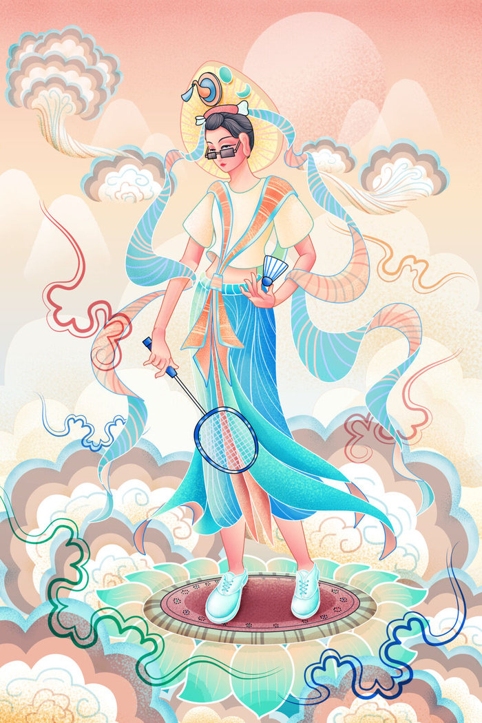 复古中国风国潮神话人物敦煌插画仙女手绘海报背景PSD设计素材