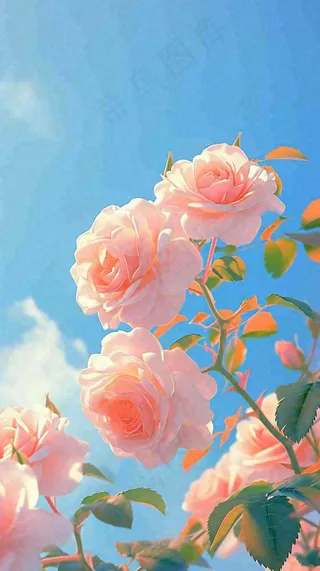 春天蓝天白云阳光下的粉色玫瑰花朵，谷雨立夏