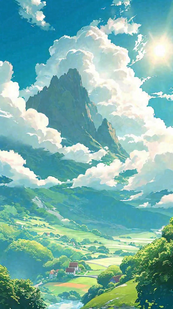 阳光春天细长流水山脉村庄小屋草坪，春分，旅行露营(816x1456)