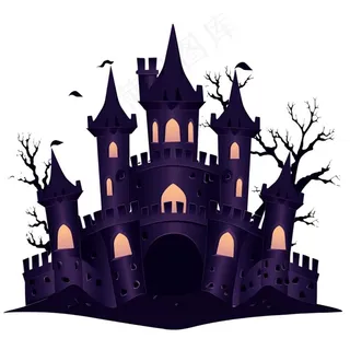 万圣节城堡枯树蝙蝠恐怖插画免抠