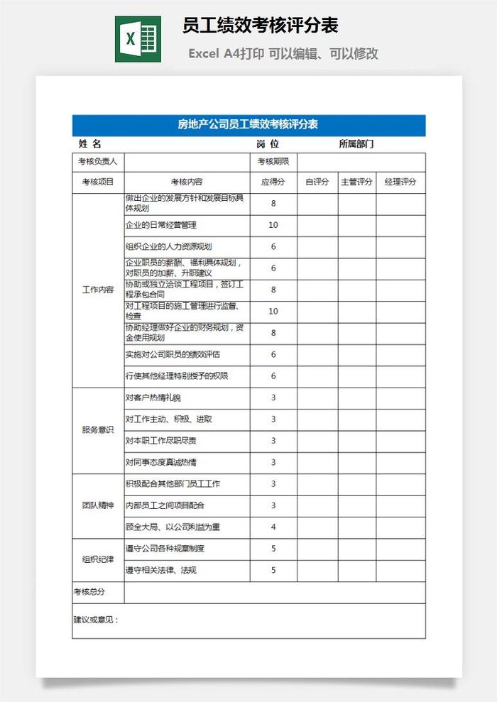 26员工绩效考核评分表