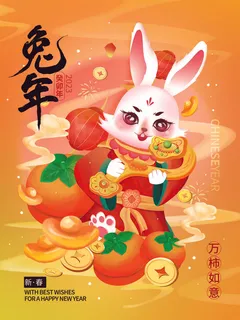 国潮风喜庆兔年新年海报