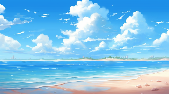 夏日海边沙滩蓝天白云插画背景(4368x2448)