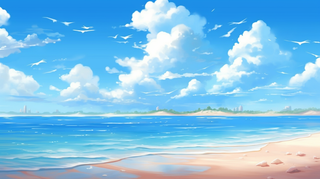 夏日海边沙滩蓝天白云插画背景