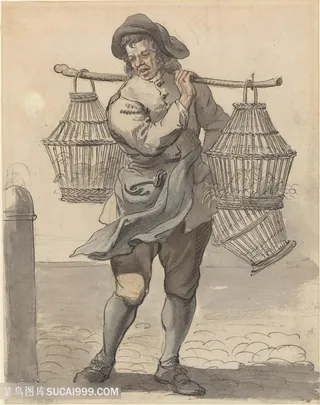 挑着笼子的农民装饰画挂画