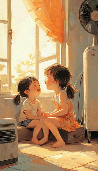 夏天风扇凉快清新儿童，阳光夏至手绘插画