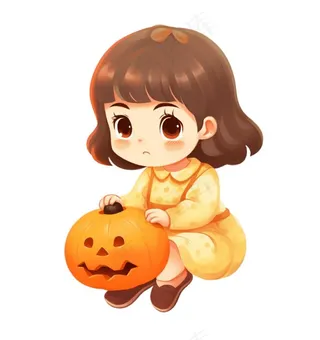 抱着南瓜的小女孩可爱卡通插画免抠