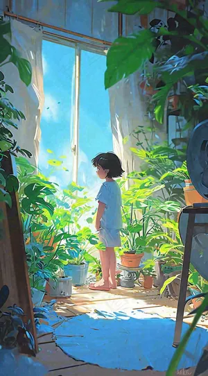 夏天炎热夏至室内小孩儿童吹风扇手绘插画