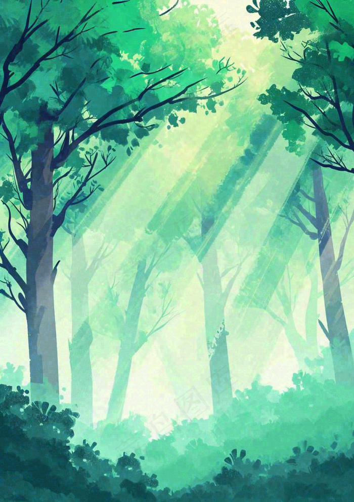 春意盎然的树林里阳光洒下绿草茵茵的水彩画(928x1312)