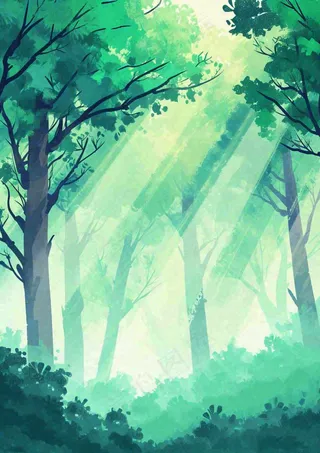 春意盎然的树林里阳光洒下绿草茵茵的水彩画