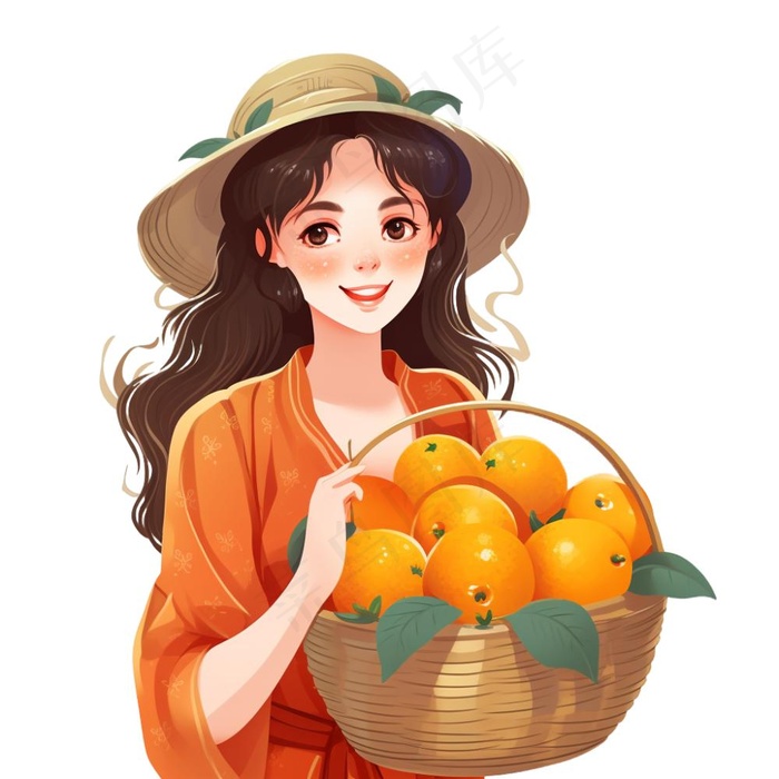 抱着一篮橘子的少女卡通插画免抠(1024x1024)