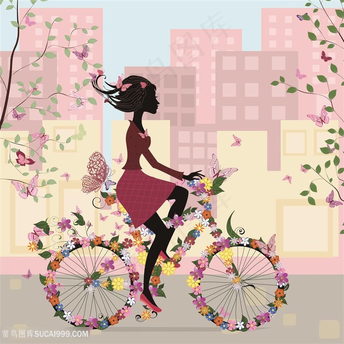 自行车美女建筑风景画
