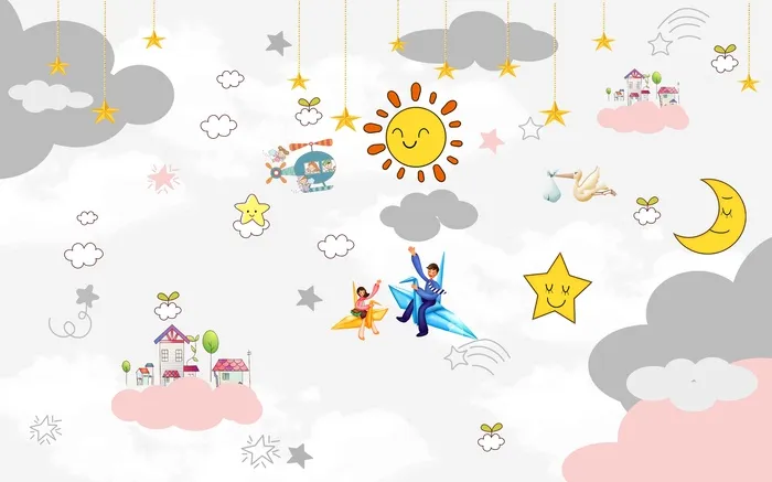 卡通儿童房背景墙壁纸壁画壁布psd模版下载